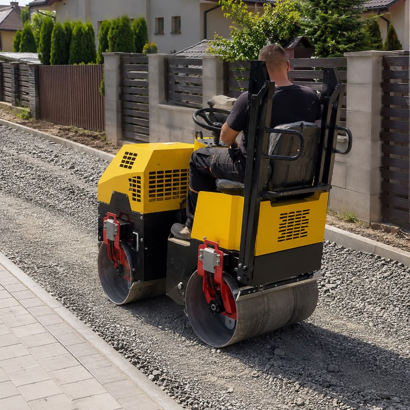 Heavy Equipment In Construction - Dubbele trommel trilwegwals, zware bouwmachines, asfaltafwerkmachine,